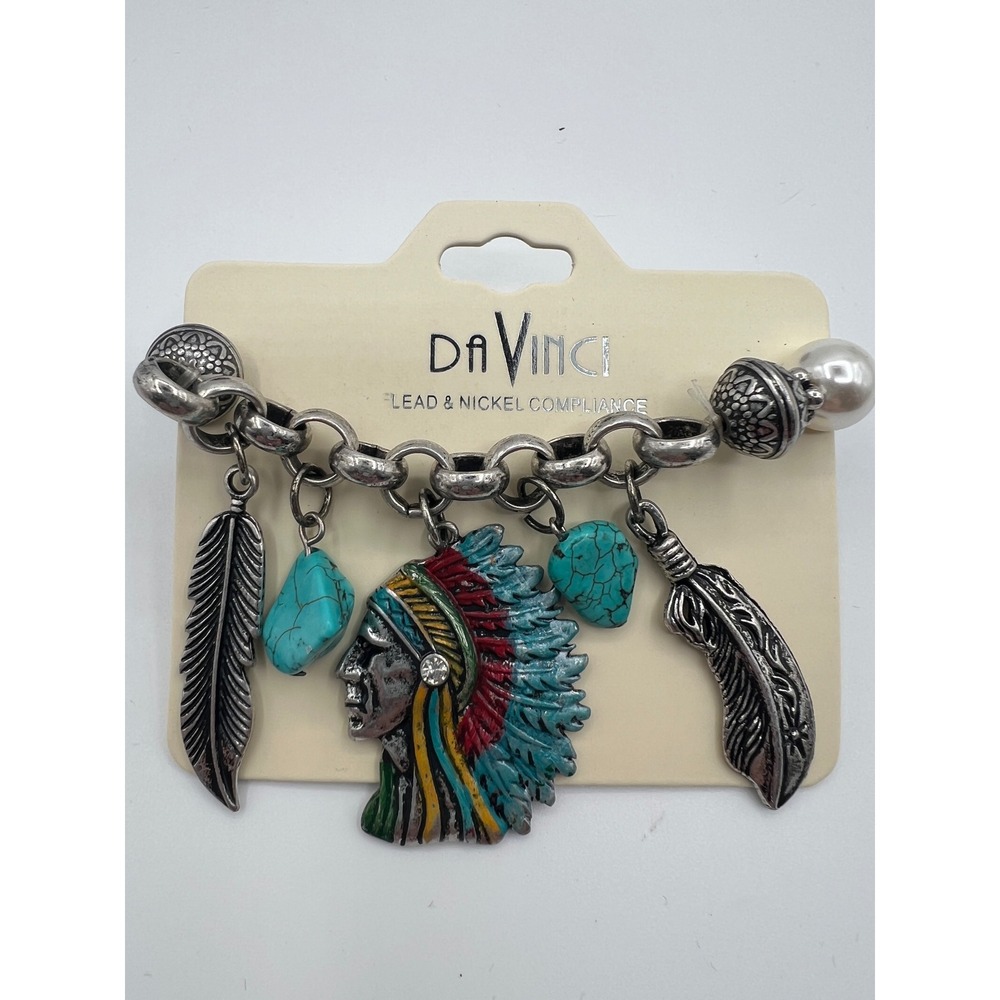 DaVinci Western Boho Charm Bracelet Turquoise Pearl Feather Headdress Silver